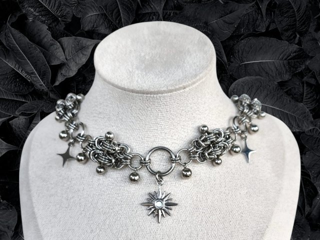 Choker STARFALL chainmaille + gwiazda północy stal chirurgiczna 33,6+7,2 cm