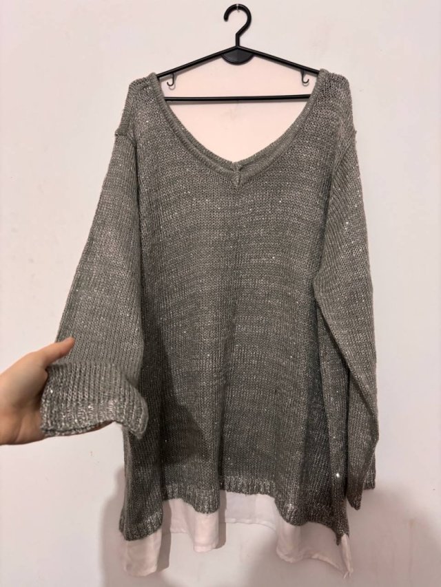 Sweter oversize z połyskiem i podszewką koszulową Janina 6XL / 52 / 24·Bardzo dobry·Janina