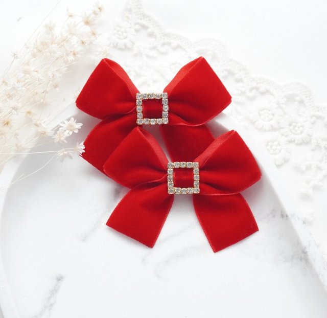 Spinki do włosów świąteczne kokardki czerwone WELUROWE z cyrkoniami SW12
