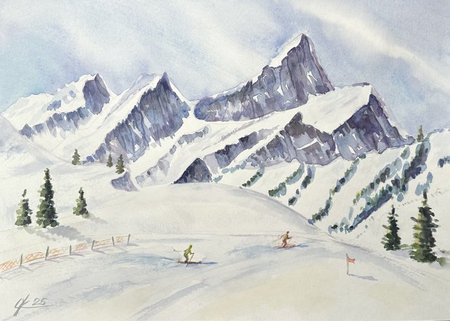 Narciarstwo alpejskie. Original Akwarela A4