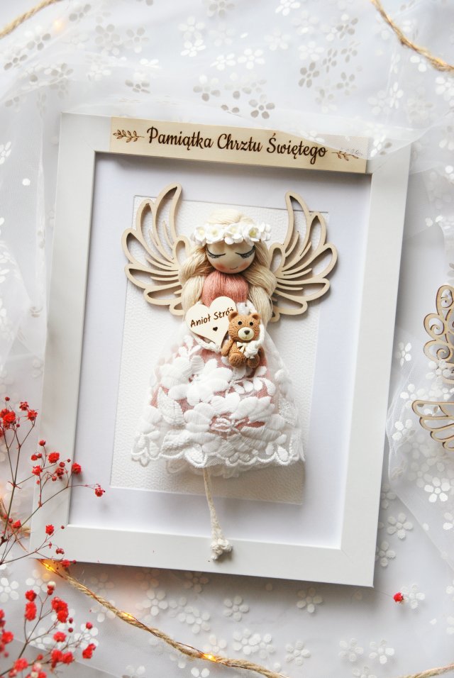 Pamiątka Chrztu Świętego dla dziewczynki - róż Anioł Stróż