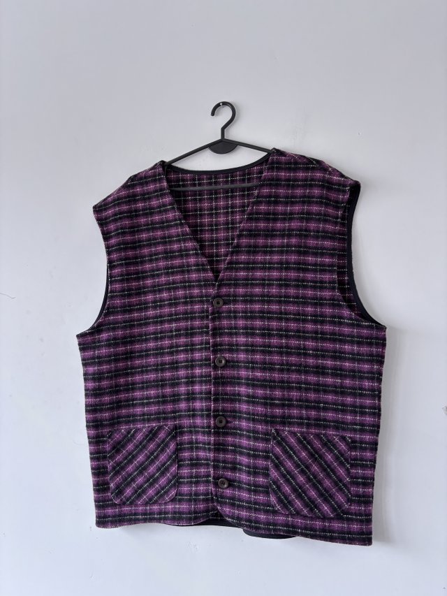 Fioletowa wełniana kamizelka vintage w kratkę, zapinana na guziki, kieszenie, rozmiar xl Xxl
