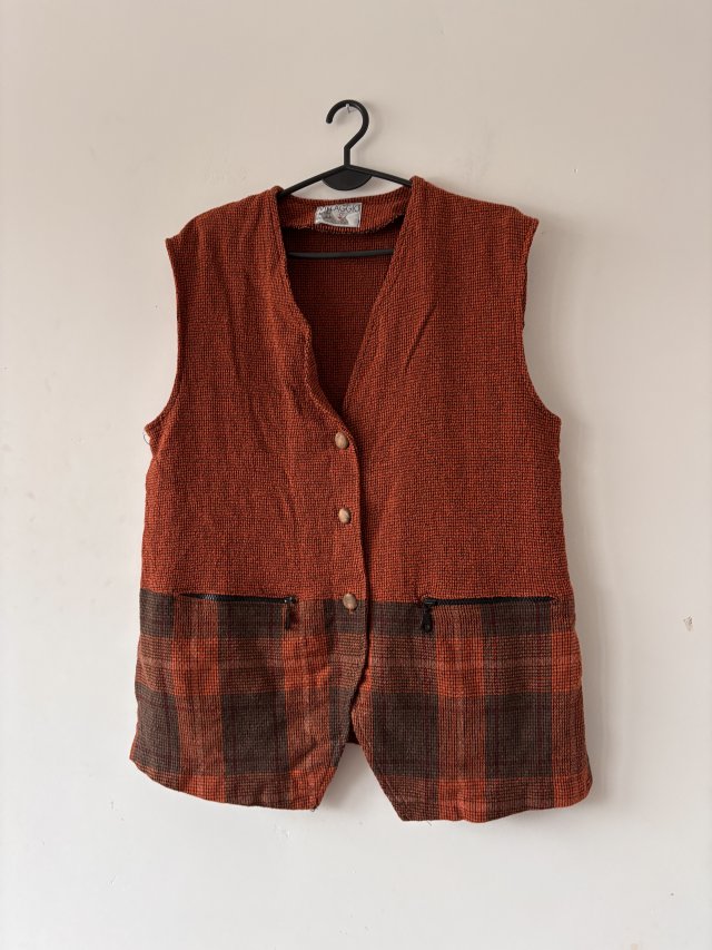 kamizelka villaggio w rustykalnym stylu, ciepły melanż, kieszenie, francuska produkcja Xl xxl