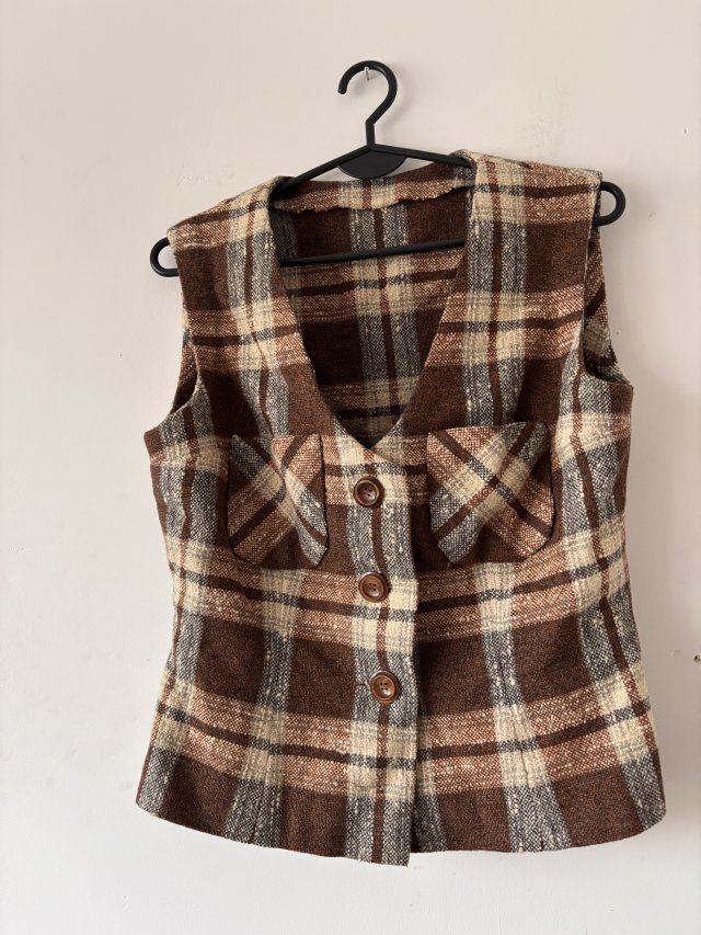 brązowa tweedowa kamizelka w kratę z kieszeniami i dużymi guzikami vintage S m