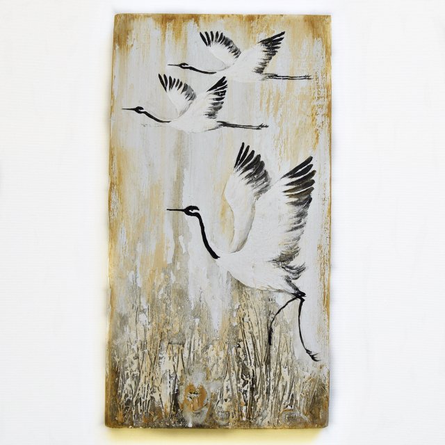 Żurawie obraz ptaki malowane na desce /26/