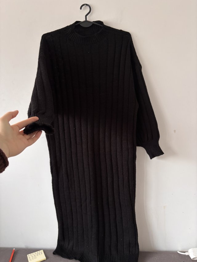 Czarne ciepłe dzianinowe sukienka midi oversize, prążkowana, miękka – idealna na zimę L xl