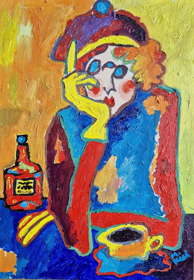 obraz do salonu olejny portret babci z kawą