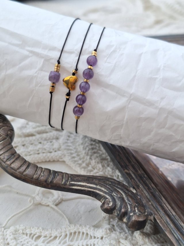 Zestaw bransoletek ametyst serduszko