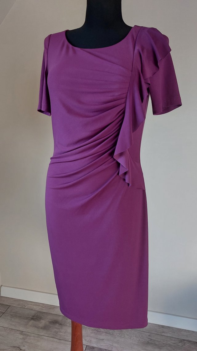 Vera Mont  fioletowa  sukienka drapowana z falbaną vintage  S