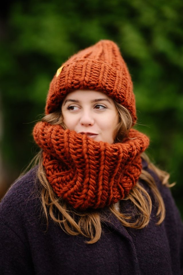 Komplet zimowy z wełny peruwiańskiej PERUVIAN WOOLY terakota