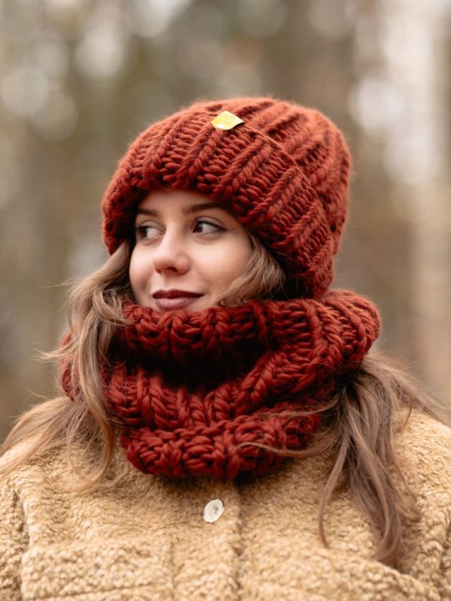 Komplet zimowy z wełny peruwiańskiej PERUVIAN WOOLY rudy brąz