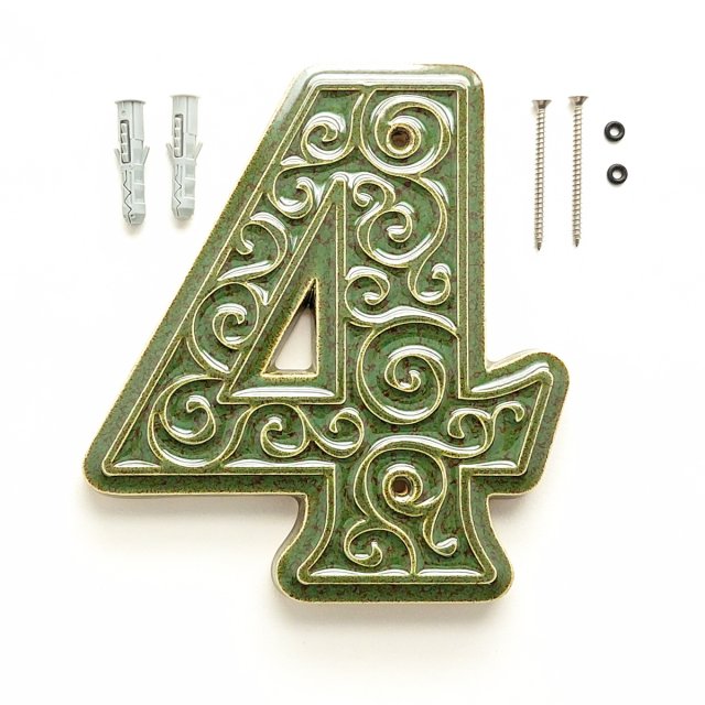 numer domu, cyfra 4, zielono-brązowa, do przykręcenia