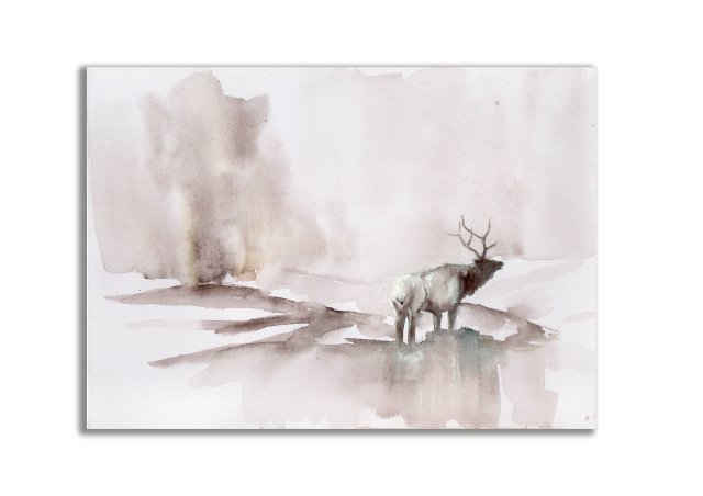 Subtelna akwarela "Jeleń w mgle" – unikalna ozdoba do Twojego wnętrza