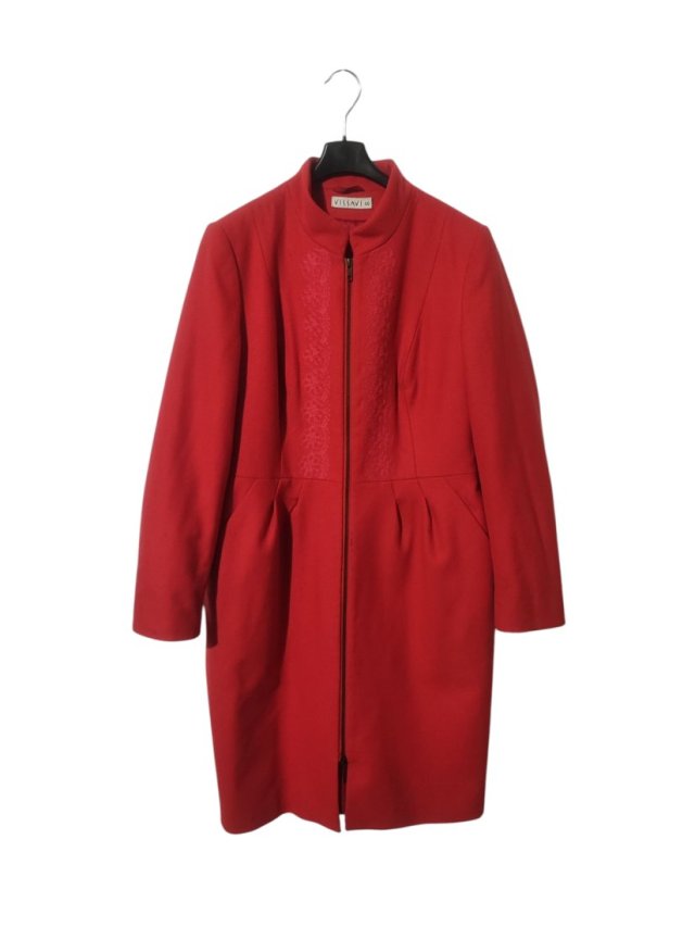 Czerwony wełniany płaszcz Vissavi L klasyczny elegancki taliowany wysoka jakość ciepły zamek