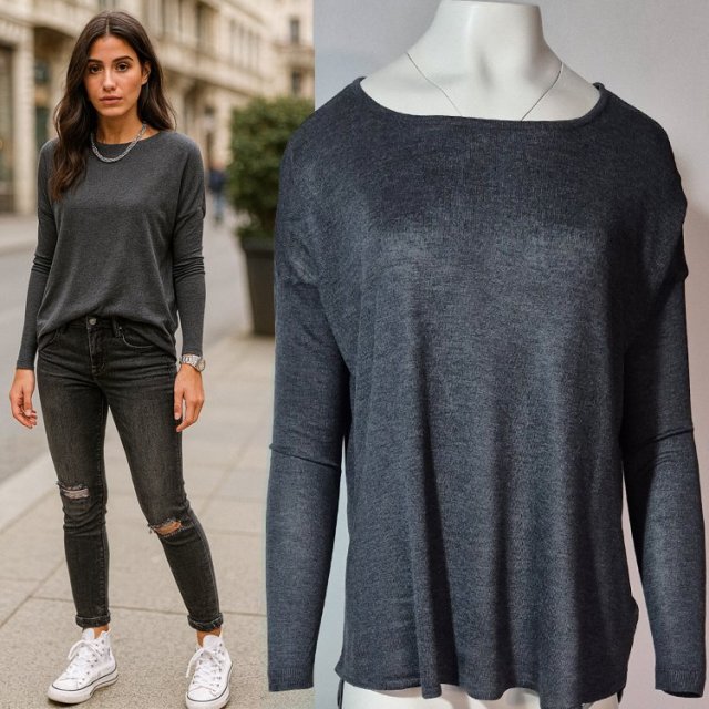 Minimalistyczny oversizowy longsleeve damski z wąskimi rękawami H&M BASIC S Hp221