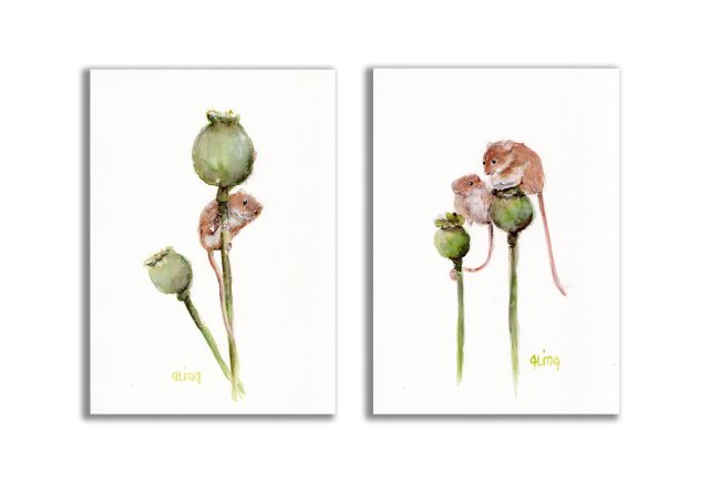 Akwarela ręcznie malowana "Myszki" zestaw  2szt, oprawione