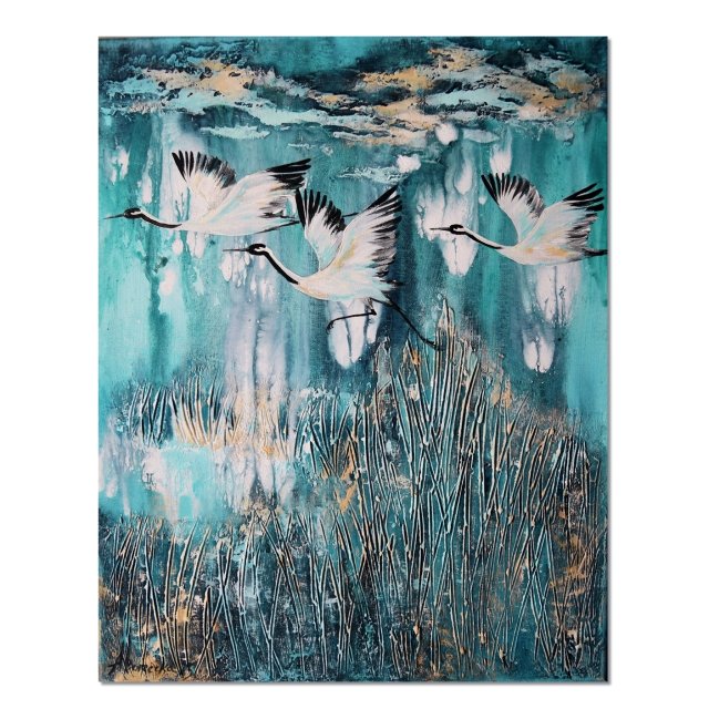 Żurawie 28 ptaki obraz do salonu malowany na płótnie