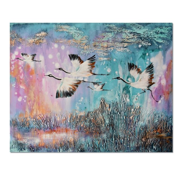 Żurawie 27 ptaki obraz do salonu malowany na płótnie