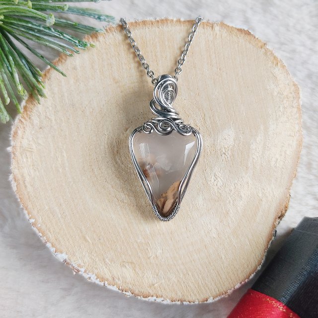 Naszyjnik Agat River Lace "Zimowy Brzeg" stal chirurgiczna wisiorek handmade wirewrapping