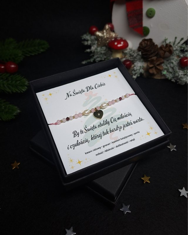 Bransoletka z Kamieni Naturalnych "Świąteczna Czułość" - kwarc różowy, perła, granat, kamień księżycowy