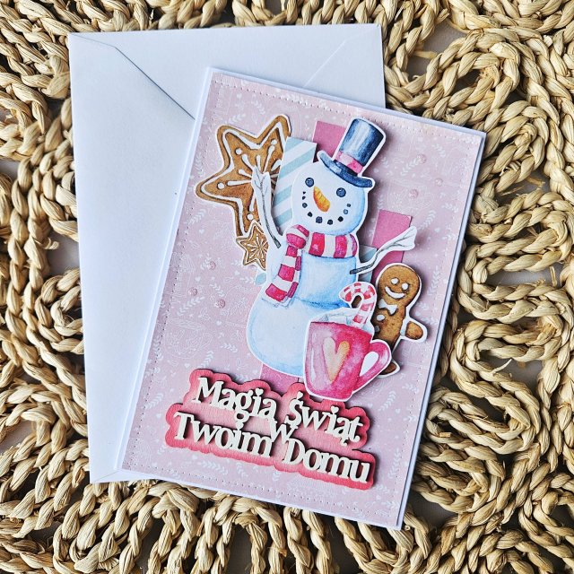 Kartka bożonarodzeniowa z bałwanem w różowym kolorze