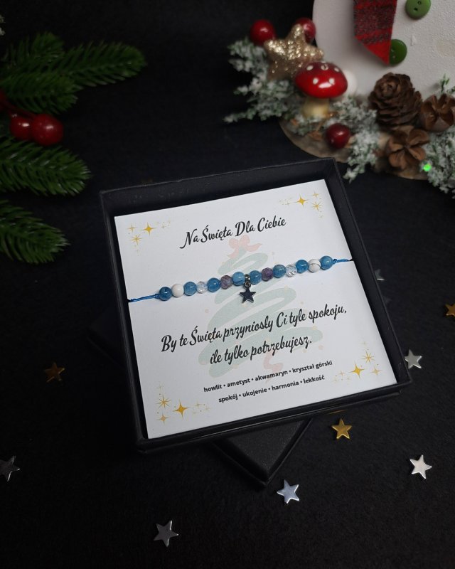 Bransoletka z Kamieni Naturalnych "Świąteczny Spokój" - akwamaryn, howlit, ametyst, kryształ górski