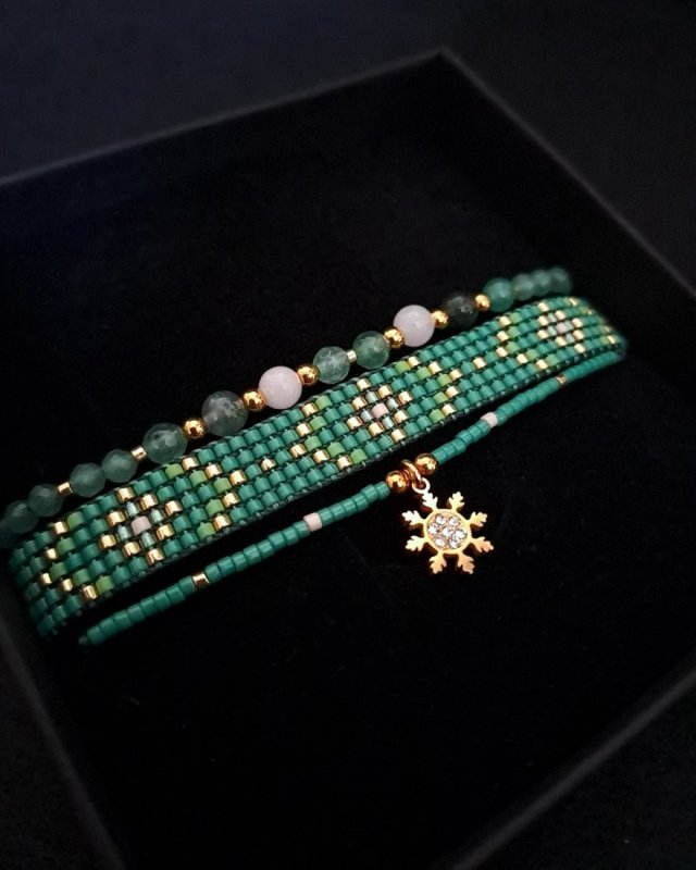 Zestaw bransoletek "Emerald Frost" - Awenturyn, Kwarc Różowy, Agat Mszysty
