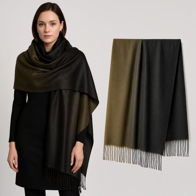 Duży, efektowny  szal ombre z frędzlami w odcieniach zieleni i czerni, elegancki i ponadczasowy Hp217