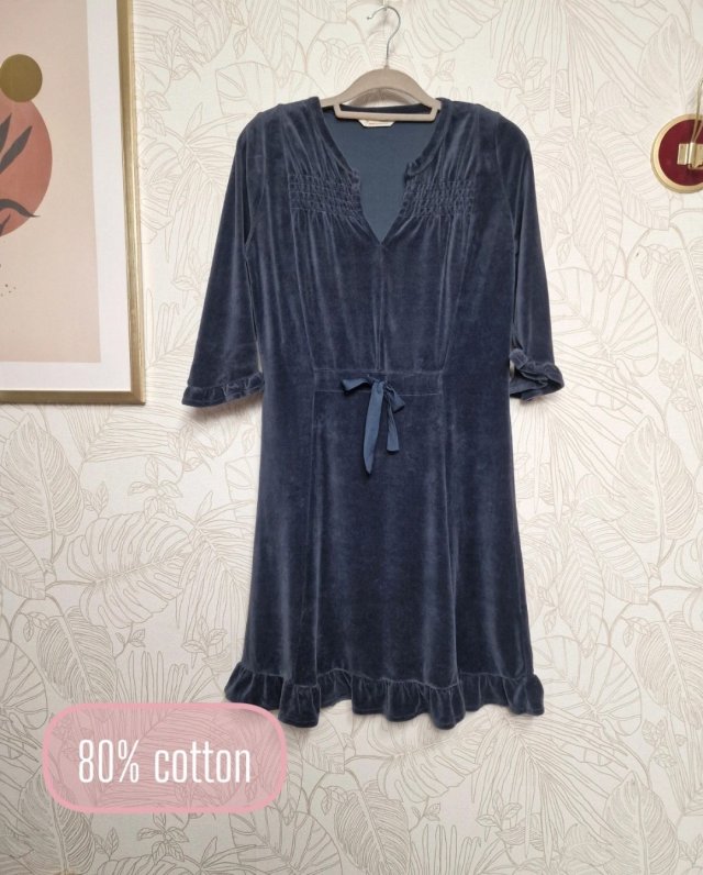 Odd Molly bawełniana welurowa sukienka M 38 granatowa falbany