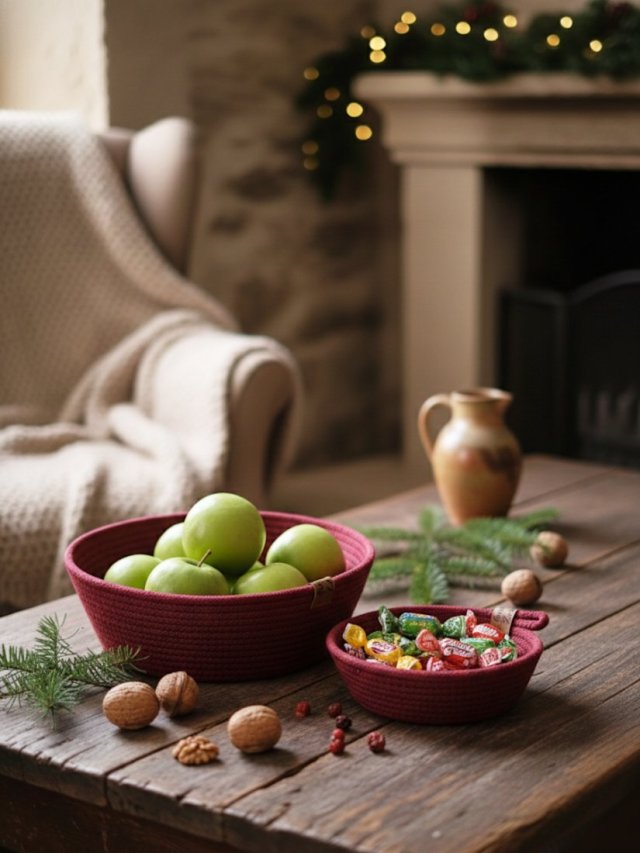 Zestaw bordowych koszyków ze sznurka rękodzieło na prezent