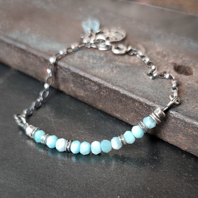 Larimar i akwamaryn .Delikatna srebrna bransoletka