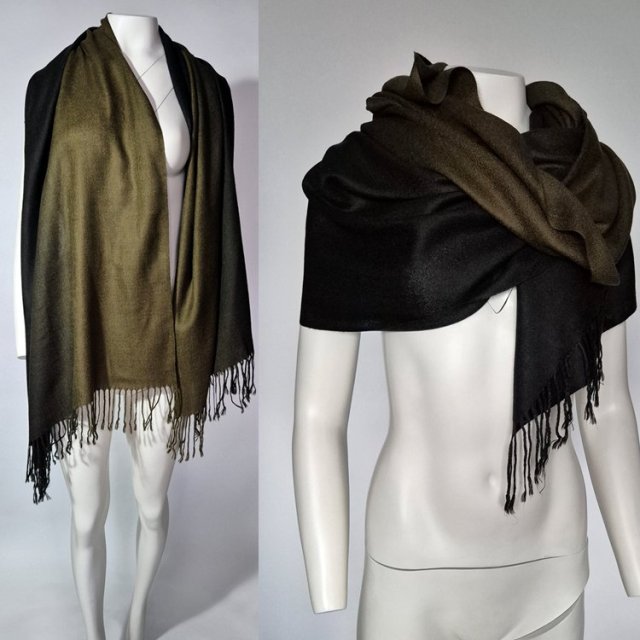 Duży, efektowny  szal ombre z frędzlami w odcieniach zieleni i czerni, elegancki i ponadczasowy Hp217