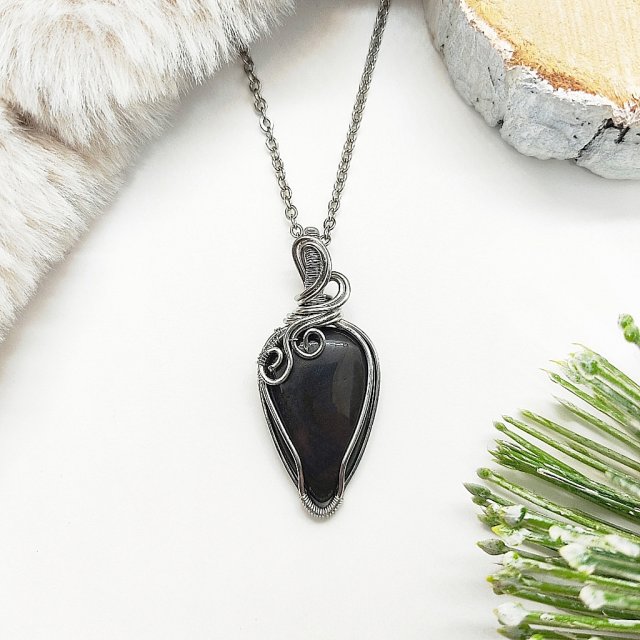 Naszyjnik Obsydian Złocisty stal chirurgiczna wisiorek handmade wirewrapping