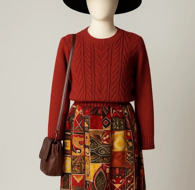 Czerwony Rudy sweterek sweter warkocze jesień zima krótki