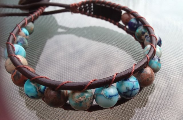 Miniatury Planet w Jaspisie - skóra i kamienie - ręcznie wykonana bransoletka dla kobiety lub dla mężczyzny na prezent świąteczny