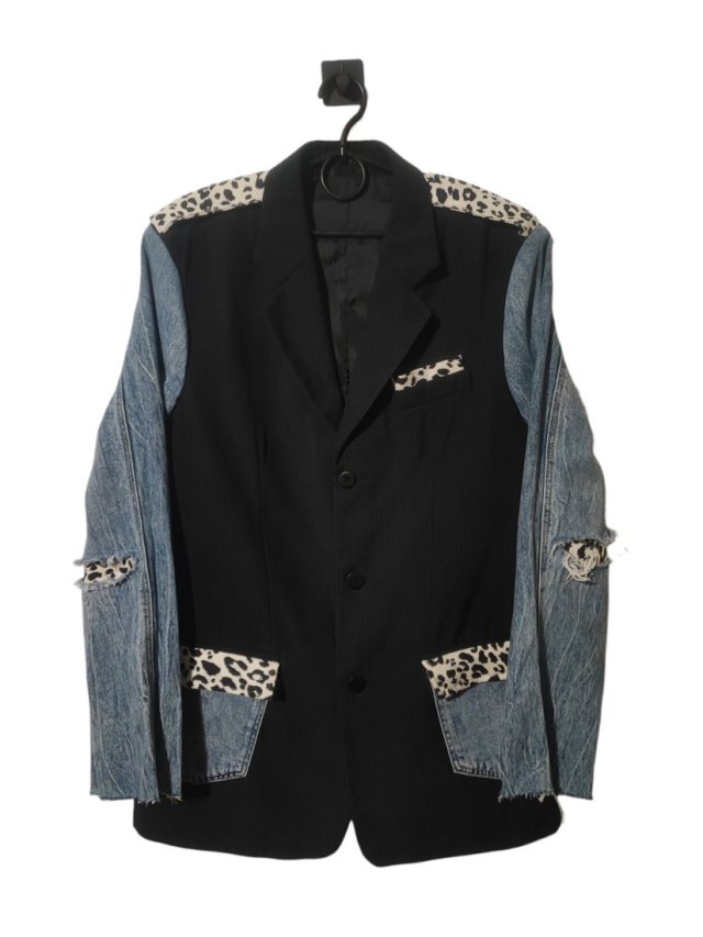 Upcycled marynarka pinstripe denim patch leopard print rękawy one-of-a-kind M