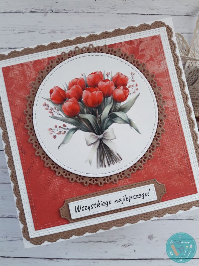 Kartka urodzinowa (lub na inną okazję) z bukietem czerwonych tulipanów