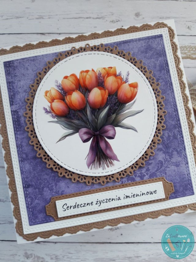 Kartka imieninowa (lub na inną okazję) z bukietem herbacianych tulipanów