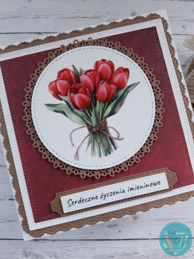 Kartka imieninowa (lub na inną okazję) z bukietem czerwonych tulipanów