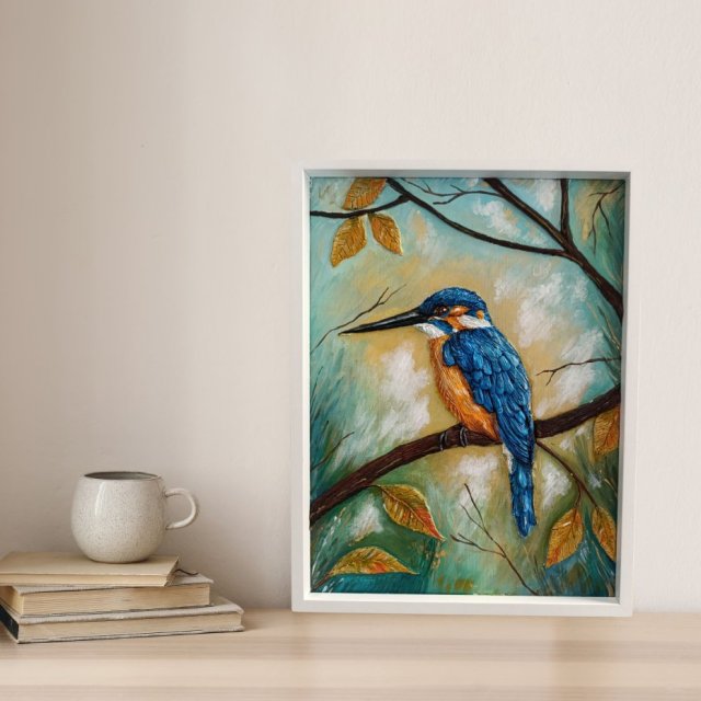 Zimorodek - obraz strukturalny 30x40 w białej ramie