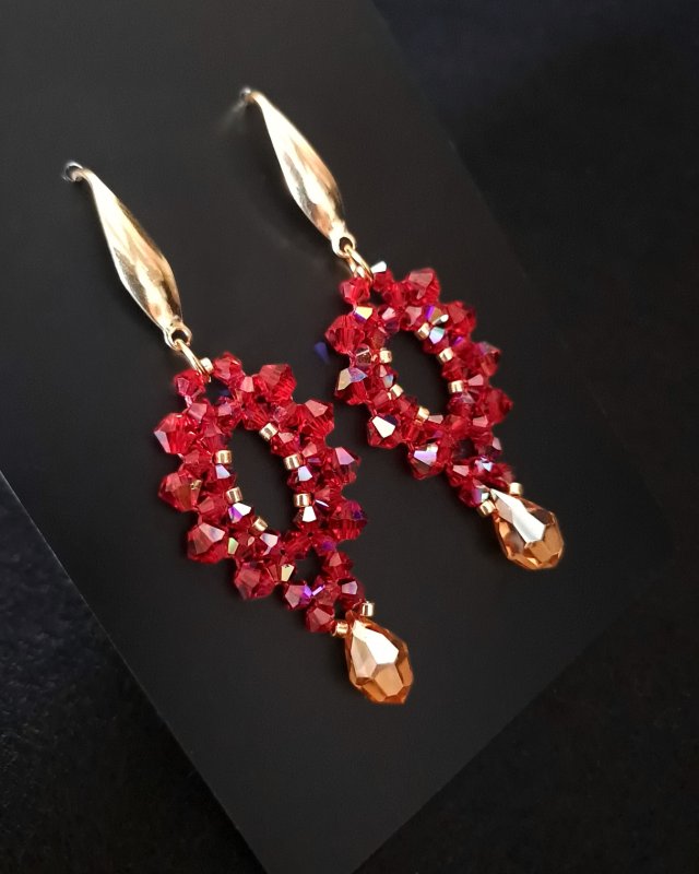 Długie Wiszące Kolczyki "Siam & Topaz" z Koralików i Kryształków