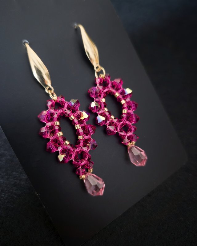 Długie Wiszące Kolczyki "Fuchsia & Rose" z Koralików i Kryształków