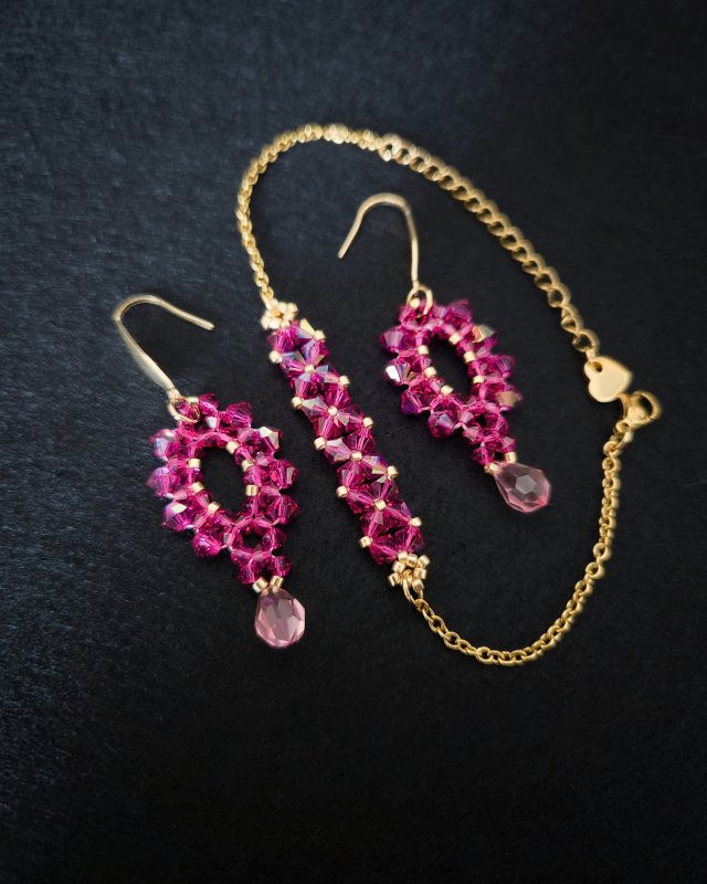 Komplet Biżuterii "Fuchsia & Rose" - Bransoletka i Kolczyki z Kryształków i Koralików