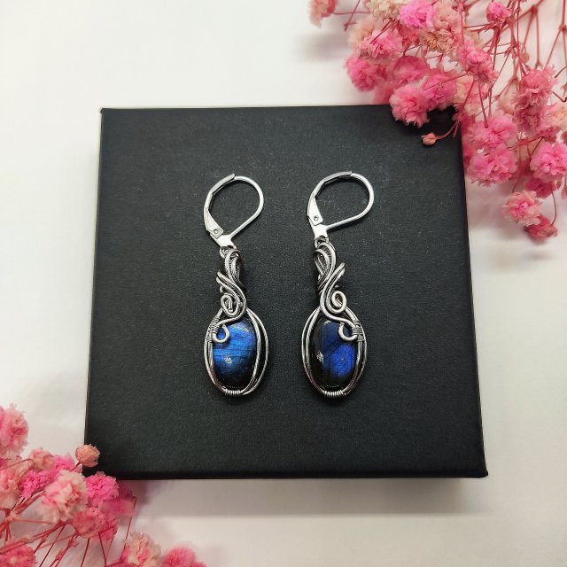 Kolczyki Labradoryt stal chirurgiczna handmade wirewrapping