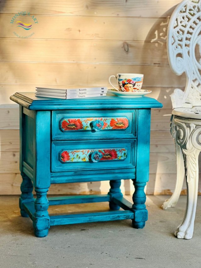 Ręcznie malowana szafka z kwiatami, nocna, piękne gałki, szybka wysyłka