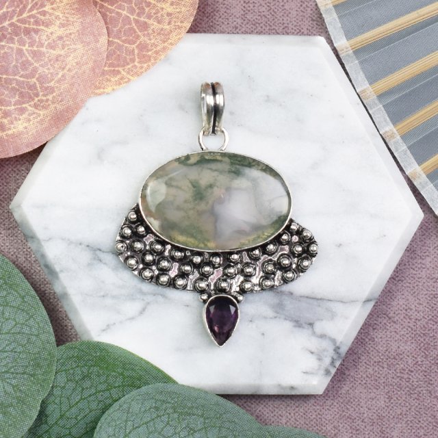 Miedziany posrebrzany ozdobny wisiorek z agatem mszystym i ametystem #591