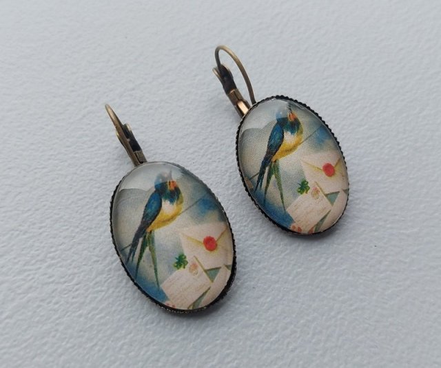 Kolczyki szklane kaboszony grafika ptaki
