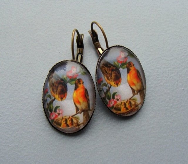 Kolczyki szklane kaboszony grafika ptaki