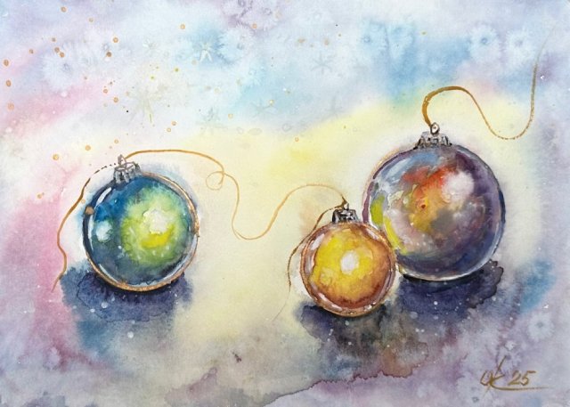 Szklane kule noworoczne  originalna akwareli A4