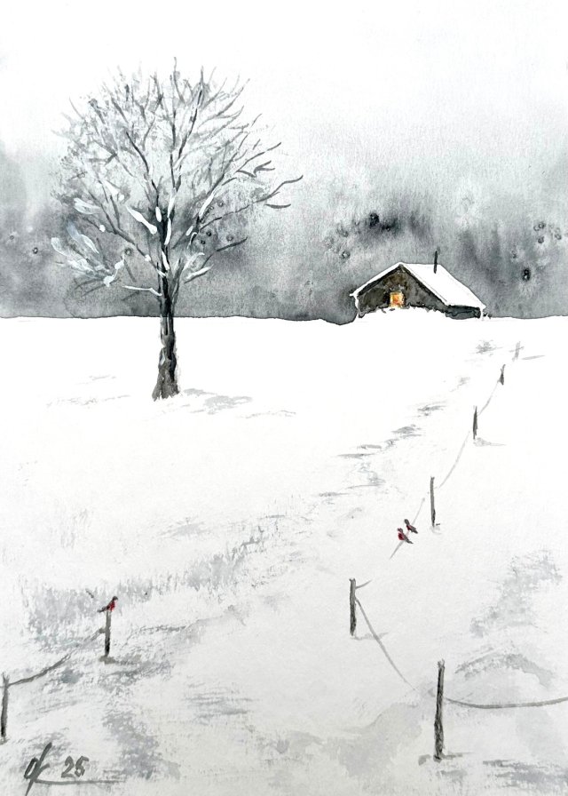 Zimowy dzień we wsi  originalna akwareli A4